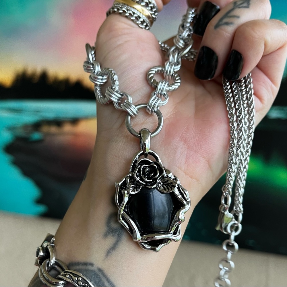 Stainless steel necklace double chain black onyx gemstone rose charm boho goth - Picture 4 of 10